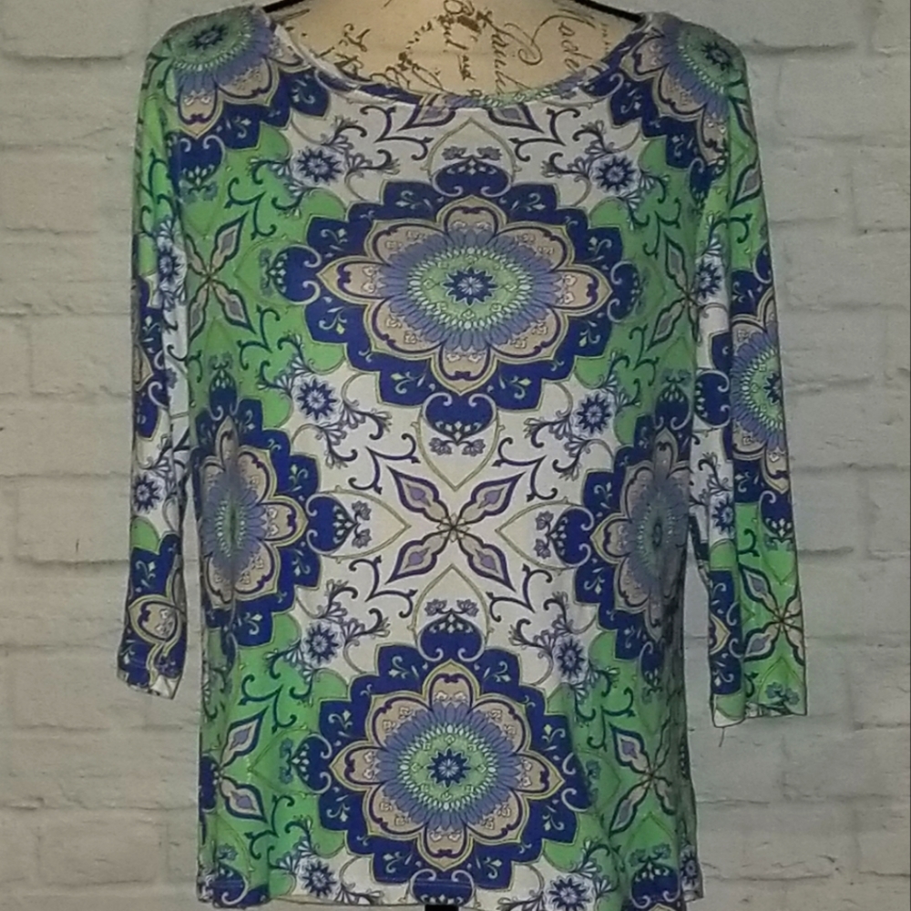 Talbots Shirt Womens Blue Green Geometric Pattern 3/4 Sleeve Pima Cotton, Size L - Picture 1 of 6
